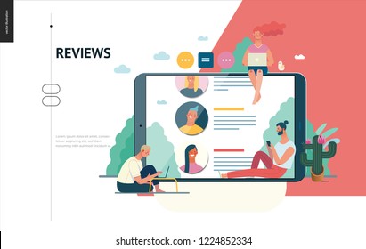 Business series, color 1 - reviews -modern flat vector illustration concept of people writing reviews and the review page on the tablet screen. Creative landing page or company product design template