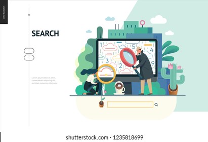 Business series, color 1 - search page - modern flat vector illustration concept of digital data research on computer. Information researching interaction process Creative landing page design template