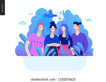 Business series, color 2- about company, contact -modern flat vector concept illustration of a company employees posing together. Business workflow management. Creative landing page design template