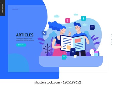 Business series, color 2 - articles - modern flat vector illustration concept of man and woman reading article on the folded computer screen like a magazine. Creative landing page design template