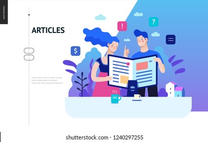 Business series, color 2 - articles - modern flat vector illustration concept of man and woman reading article on the folded computer screen like a magazine. Creative landing page design template