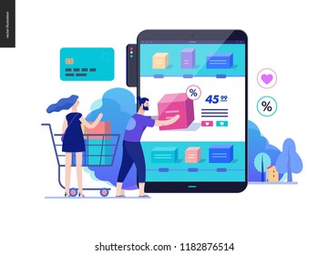 Business series, color 2 - buy online shop - modern flat vector illustration concept of man and woman shopping online Website interaction and purchasing process. Creative landing page design template