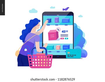 Business series, color 2 -buy online shop -modern flat vector illustration concept of woman shopping online holding basket. Website interaction -purchase process. Creative landing page design template