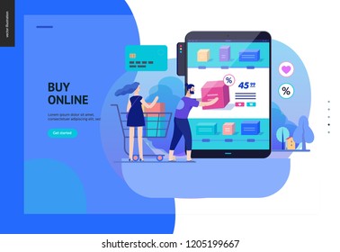 Business series, color 2 - buy online shop - modern flat vector illustration concept of man and woman shopping online Website interaction and purchasing process. Creative landing page design template