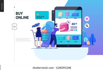 Business series, color 2 - buy online shop - modern flat vector illustration concept of man and woman shopping online Website interaction and purchasing process. Creative landing page design template