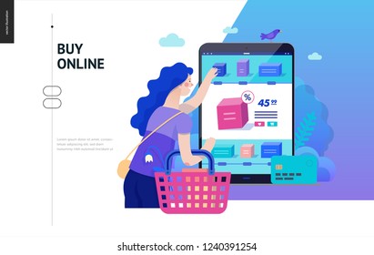 Business Series, Color 2 -buy Online Shop -modern Flat Vector Illustration Concept Of Woman Shopping Online Holding Basket. Website Interaction -purchase Process. Creative Landing Page Design Template