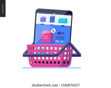 Business series, color 2- cart - modern flat vector illustration concept of online shop - mobile tablet with shop page in cart. Purchase cart and shopping process Creative landing page design template