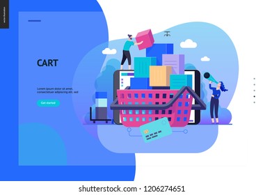 Business series, color 2- cart - modern flat vector illustration concept of online shop - people placing boxes into the cart. Purchase cart and shopping process. Creative landing page design template