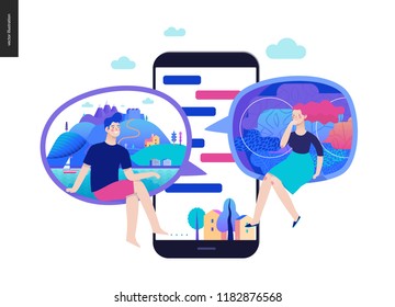 Business series, color 2- chat - modern flat vector illustration concept of people chating in messenger and the chat app on the phone screen. Creative landing page or company support design template