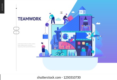 Business series, color 2 -company, teamwork, collaboration -modern flat vector illustration concept of people constructing a company Business workflow management. Creative landing page design template