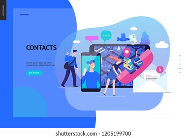 Business series, color 2 - contacts - modern flat vector illustration concept of intercommunicators. Connection ways and tools -web, phone, chat, messenger, post. Creative landing page design template