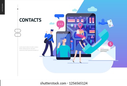Business series, color 2 - contacts - modern flat vector illustration concept of intercommunicators. Connection ways and tools -web, phone, chat, messenger, post. Creative landing page design template