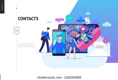 Business series, color 2 - contacts - modern flat vector illustration concept of intercommunicators. Connection ways and tools -web, phone, chat, messenger, post. Creative landing page design template