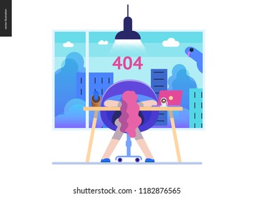 Business series, color 2- error 404 -modern flat vector concept illustration of page Error 404. Exhausted woman laying on the office table Page not found metaphor Creative landing page design template