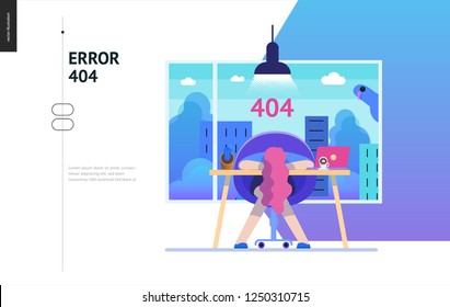 Business series, color 2- error 404 -modern flat vector concept illustration of page Error 404. Exhausted woman laying on the office table Page not found metaphor Creative landing page design template