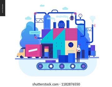 Business series, color 2 - factory production -modern flat vector illustration concept of industrial enterprise. Manufacturing and production interaction process. Creative landing page design template