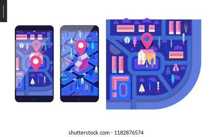 Business series, color 2 - map - modern flat vector illustration, creative concept of location. Isometric and flat maps with a marked building, streets and trees on the smartphone screens