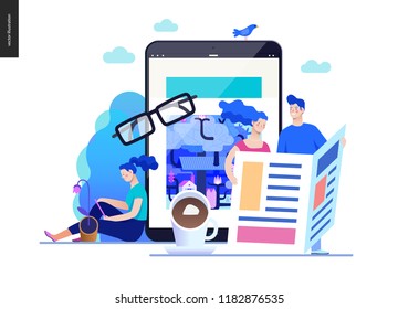 Business series, color 2 - news or articles- modern flat vector illustration concept of people reading news on various medium and tablet screen, glasses, coffee. Creative landing page design template