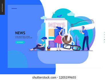 Business series, color 2 -news or articles -modern flat vector illustration concept of people preparing coffee with milk and woman reading news on phone, glasses. Creative landing page design template