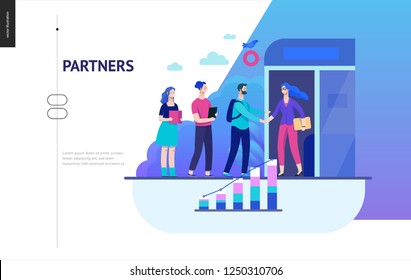 Business series, color 2 - partners -modern flat vector illustration concept of people shaking their hands in the office entrance. Business workflow management. Creative landing page design template