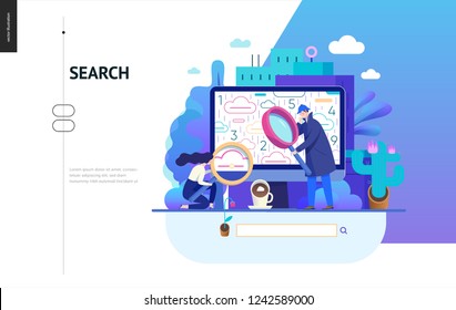 Business series, color 2 - search page - modern flat vector illustration concept of digital data research on computer. Information researching interaction process Creative landing page design template