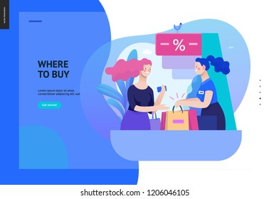 Business series, color 2 - where to buy - modern flat vector illustration concept of a customer and a shop assistant. Selling interaction and purchasing process. Creative landing page design template