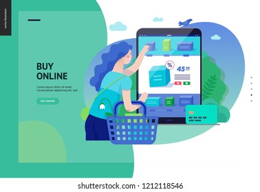 Business series, color 3 -buy online shop -modern flat vector illustration concept of woman shopping online holding basket. Website interaction -purchase process. Creative landing page design template