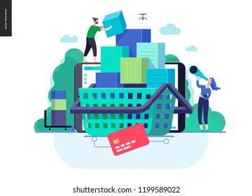 Business series, color 3- cart - modern flat vector illustration concept of online shop - people placing boxes into the cart. Purchase cart and shopping process. Creative landing page design template