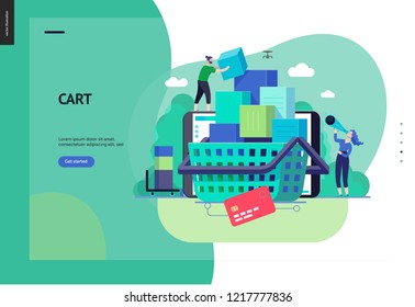 Business series, color 3- cart - modern flat vector illustration concept of online shop - people placing boxes into the cart. Purchase cart and shopping process. Creative landing page design template