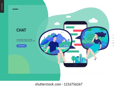 Business series, color 3 - chat - modern flat vector illustration concept of people chating in messenger and the chat app on the phone screen. Creative landing page or company support design template