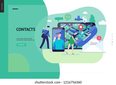 Business series, color 3 - contacts - modern flat vector illustration concept of intercommunicators. Connection ways and tools -web, phone, chat, messenger, post. Creative landing page design template