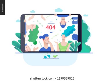 Business series, color 3 - error 404 -modern flat vector concept illustration of page Error 404 - puzzled people on the tablet screen. Page not found metaphor Creative landing page design template