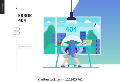 Business series, color 3- error 404 -modern flat vector concept illustration of page Error 404. Exhausted woman laying on the office table Page not found metaphor Creative landing page design template