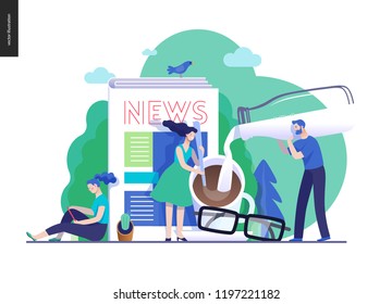 Business series, color 3 -news or articles -modern flat vector illustration concept of people preparing coffee with milk and woman reading news on phone, glasses. Creative landing page design template
