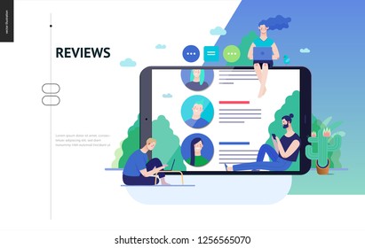 Business series, color 3 - reviews -modern flat vector illustration concept of people writing reviews and the review page on the tablet screen. Creative landing page or company product design template