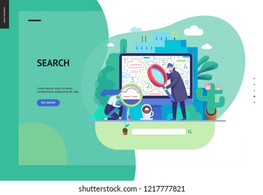 Business series, color 3 - search page - modern flat vector illustration concept of digital data research on computer. Information researching interaction process Creative landing page design template