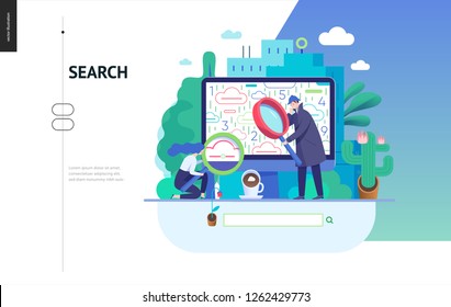 Business series, color 3 - search page - modern flat vector illustration concept of digital data research on computer. Information researching interaction process Creative landing page design template