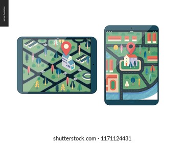 Business series - map - modern flat vector illustration, creative concept of location. Isometric and flat maps with a marked building, streets and trees on the tablet screens