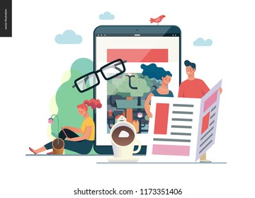 Business series - news or articles- modern flat vector illustration concept of people reading news on various medium and tablet screen, glasses, coffee. Creative landing page design template. Color 1