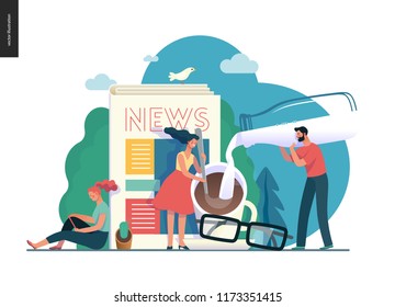 Business series -news or articles -modern flat vector illustration concept of people preparing coffee with milk and woman reading news on phone, glasses. Creative landing page design template. Color 1