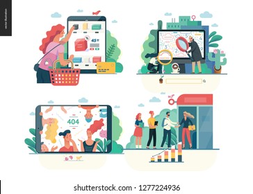 Business series set, color 1 -modern flat vector concept illustrated topics - buy online shop, search page, error 404, partners. Creative landing web page design template