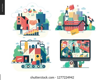 Serie de negocios, color 1 - concepto moderno de vector plano ilustrado temas -b2b, comprar en línea, carro de compras, producción, fabricación, sobre empresa, oficina. Plantilla de diseño de página web de inicio creativo