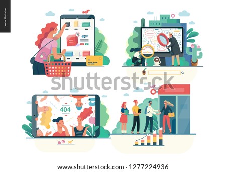 Business series set, color 1 -modern flat vector concept illustrated topics - buy online shop, search page, error 404, partners. Creative landing web page design template