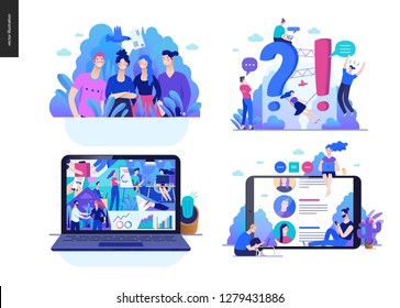 Business series set, color 2 -modern flat vector concept illustrated topics - about the company, faq - support, office life, reviews. Creative landing web page design template