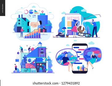 Business series set, color 2 -modern flat vector concept illustrated topics - b2b, news, collaboration, chat. Creative landing web page design template