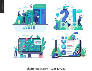 Business series set, color 2-modern flat vector concept illustrated topics -b2b partnership, questions and answers faq, where to buy -location, forum reviews. Creative landing web page design template