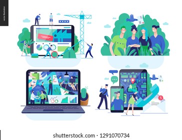 Business series set, color 2-modern flat vector concept illustrated topics -teamwork -collaboration, about company, team, office life, contacts, map location. Creative landing web page design template