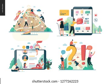 Business series set modern flat vector concept illustrated topics - career, buy online shopping, reviews, faq - question and answer. Creative landing web page design template