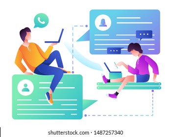 Business series,chat,modern flat vector illustration concept of people chating in the messenger and the chat app on the phone screen. Creative landing page or company support design template
