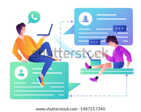 Business series,chat,modern flat vector illustration concept of people chating in the messenger and the chat app on the phone screen. Creative landing page or company support design template
